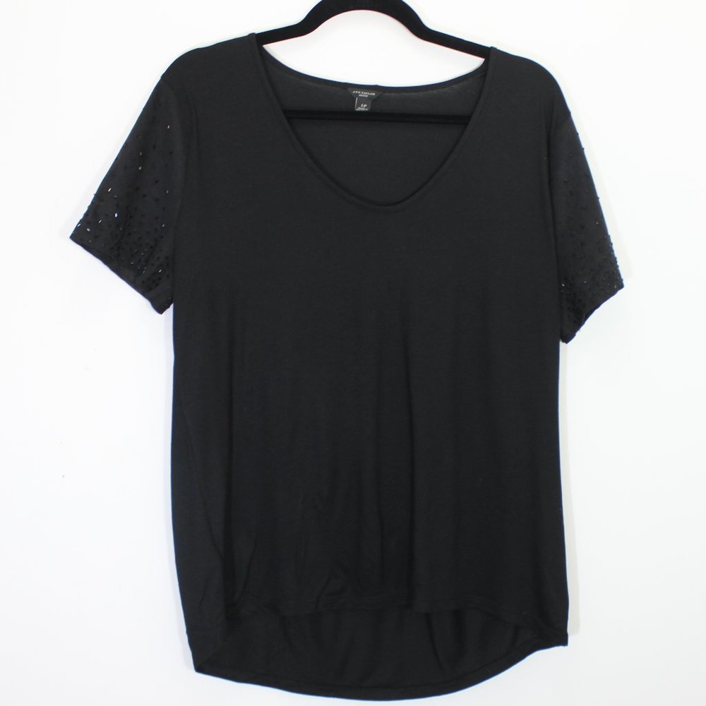 ANN TAYLOR Black Tee Faux Suede Beaded Sleeves LP
